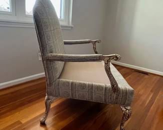 B11 - $125. Oversized Chair with Chippy Painted wooden frame. Measures 41.5" wide x 20.5" deep x 42.5" tall. Very comfortable - sits a little low right in the middle.