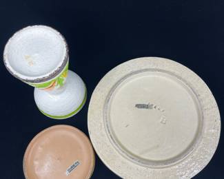 K9 - $75. MCM Italian pottery collection. Green, yellow, orange, brown colors. Orange starburst design. Bitossi. Created in Italy for Rosenthal Netter. Candleholder, ashtray, and cigar ashtray. Great for trinket dishes. Some flea bites on ashtrays. Candleholder in excellent condition.