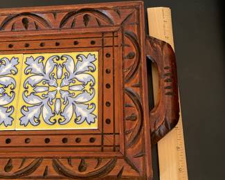 K15 - $20. Vintage hand-carved wooden serving tray with inlaid ceramic tiles.