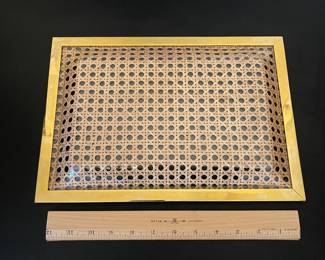K22 - $50. Mid-Century Rattan & Acrylic Glass Tray with Brass Borders, 1970s. Measjres 9” x 14”.