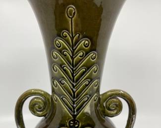 K6 - $50. Vintage olive green pottery vase. Signed Anna Grandina. Measures 6”w x 5”d x 12”t.