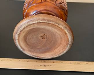 K14 - $20. Vintage Hand turned and carved wooden vase. 17” tall. Some chips and scuffs common with age.