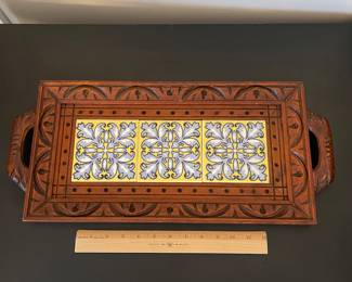 K15 - $20. Vintage hand-carved wooden serving tray with inlaid ceramic tiles.