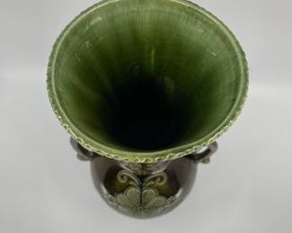 K6 - $50. Vintage olive green pottery vase. Signed Anna Grandina. Measures 6”w x 5”d x 12”t.