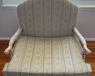 B11 - $125. Oversized Chair with Chippy Painted wooden frame. Measures 41.5" wide x 20.5" deep x 42.5" tall. Very comfortable - sits a little low right in the middle.