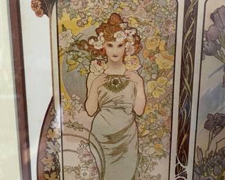 K24 - $125. Framed print of “The Flowers” by Alphonse Mucha. Art Nouveau 4 panel design with carnation, lily, rose, iris. Heavy solid wood gold frame. Measures 27”w x 23”t.