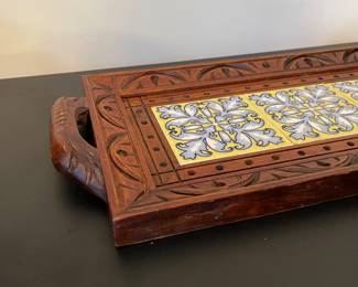 K15 - $20. Vintage hand-carved wooden serving tray with inlaid ceramic tiles.