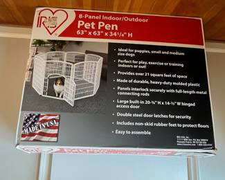 B6 - $40. Iris Pet Pen. 8 Panel Indoor / Outdoor. 63" x 63" x 34.35". White. Plastic Panels snap together - looks brand new.