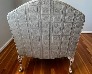 B11 - $125. Oversized Chair with Chippy Painted wooden frame. Measures 41.5" wide x 20.5" deep x 42.5" tall. Very comfortable - sits a little low right in the middle.