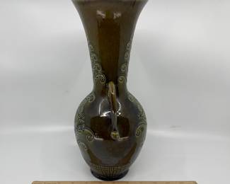 K6 - $50. Vintage olive green pottery vase. Signed Anna Grandina. Measures 6”w x 5”d x 12”t.