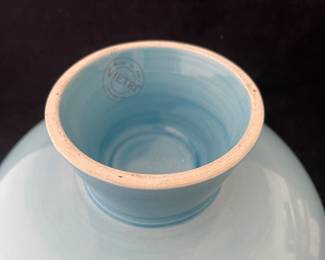 K47 - $30. Vietri Ceramic Italian pedestal bowl with blue and green design. Measures 12”w x 5.75”t.