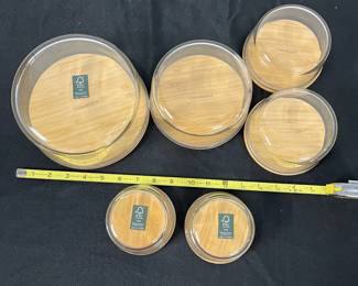 S30 - $30. Crate & Barrel 6 Glass Food Storage Bowls with Bamboo Lids.