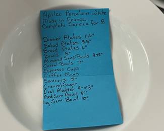 S28 - $1,150. Apilco Porcelain White. Made in France. Complete Service for 8 in Excellent Condition. (William Sonoma retail is just over $2000.)
