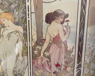K24 - $125. Framed print of “The Flowers” by Alphonse Mucha. Art Nouveau 4 panel design with carnation, lily, rose, iris. Heavy solid wood gold frame. Measures 27”w x 23”t.