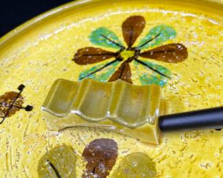 K10 - $65. MCM Italian pottery large candleholder and cigar ashtray. Bitossi. Created in Italy for Rosenthal Netter. Both are a Stunning vibrant yellow and the ashtray has lovely floral designs. Great for trinket dish. Some flea bites on ashtray. Candleholder in great condition.