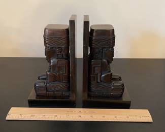 K20 - $35. pair of vintage hand carved wood bookends in an Inca/Mayan/Aztec style.