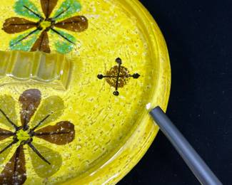 K10 - $65. MCM Italian pottery large candleholder and cigar ashtray. Bitossi. Created in Italy for Rosenthal Netter. Both are a Stunning vibrant yellow and the ashtray has lovely floral designs. Great for trinket dish. Some flea bites on ashtray. Candleholder in great condition.