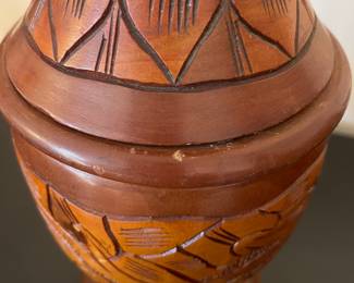 K14 - $20. Vintage Hand turned and carved wooden vase. 17” tall. Some chips and scuffs common with age.
