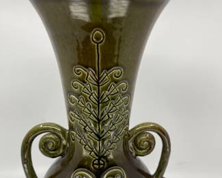K6 - $50. Vintage olive green pottery vase. Signed Anna Grandina. Measures 6”w x 5”d x 12”t.