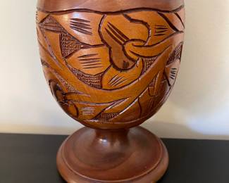 K14 - $20. Vintage Hand turned and carved wooden vase. 17” tall. Some chips and scuffs common with age.