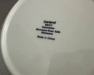 B18 - $40. "Garland" China 8837 by Sango. 4 dinner plates, 4 saucers, 4 soup bowls, 1 serving bowl, cream & sugar, 5 mugs, teapot. Very good condition.