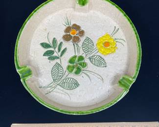 K9 - $75. MCM Italian pottery collection. Green, yellow, orange, brown colors. Orange starburst design. Bitossi. Created in Italy for Rosenthal Netter. Candleholder, ashtray, and cigar ashtray. Great for trinket dishes. Some flea bites on ashtrays. Candleholder in excellent condition.