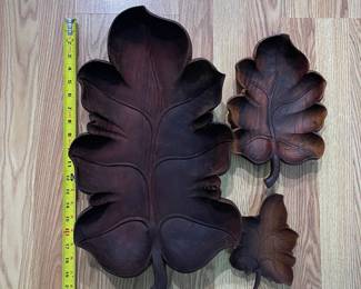 K18 - $50. Vintage hand carved monkey pod leaf shaped serving dishes. Smallest has had a slight repair.