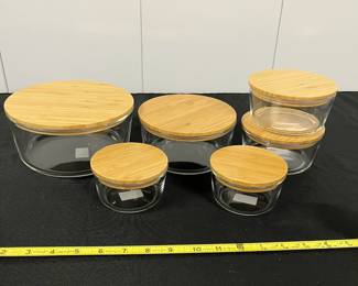 S30 - $30. Crate & Barrel 6 Glass Food Storage Bowls with Bamboo Lids.