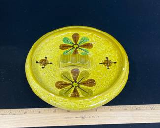 K10 - $65. MCM Italian pottery large candleholder and cigar ashtray. Bitossi. Created in Italy for Rosenthal Netter. Both are a Stunning vibrant yellow and the ashtray has lovely floral designs. Great for trinket dish. Some flea bites on ashtray. Candleholder in great condition.