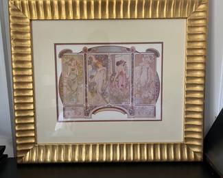 K24 - $125. Framed print of “The Flowers” by Alphonse Mucha. Art Nouveau 4 panel design with carnation, lily, rose, iris. Heavy solid wood gold frame. Measures 27”w x 23”t.