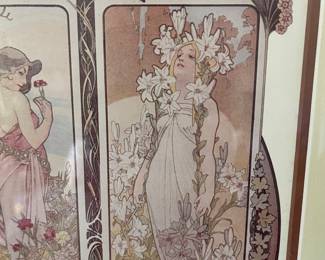 K24 - $125. Framed print of “The Flowers” by Alphonse Mucha. Art Nouveau 4 panel design with carnation, lily, rose, iris. Heavy solid wood gold frame. Measures 27”w x 23”t.