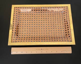 K22 - $50. Mid-Century Rattan & Acrylic Glass Tray with Brass Borders, 1970s. Measjres 9” x 14”.