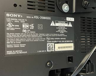 B12 - $20 Sony Bravia TV 26". (2 available) Wall Mount not included but we do have the stand. Model KDL-26M4000. 2008 model.