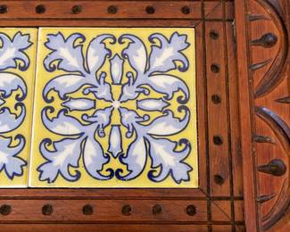 K15 - $20. Vintage hand-carved wooden serving tray with inlaid ceramic tiles.