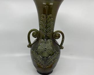 K6 - $50. Vintage olive green pottery vase. Signed Anna Grandina. Measures 6”w x 5”d x 12”t.