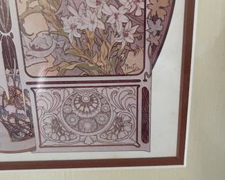 K24 - $125. Framed print of “The Flowers” by Alphonse Mucha. Art Nouveau 4 panel design with carnation, lily, rose, iris. Heavy solid wood gold frame. Measures 27”w x 23”t.