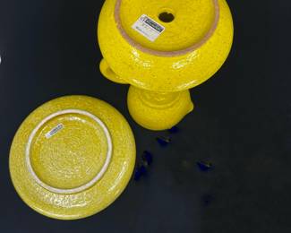 K10 - $65. MCM Italian pottery large candleholder and cigar ashtray. Bitossi. Created in Italy for Rosenthal Netter. Both are a Stunning vibrant yellow and the ashtray has lovely floral designs. Great for trinket dish. Some flea bites on ashtray. Candleholder in great condition.