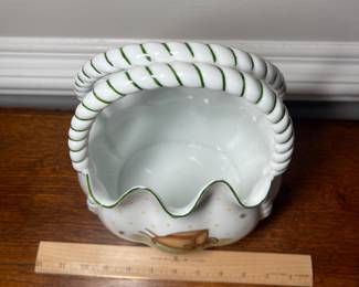 K44 - $35. Signed Handpainted USA ceramic basket with bees and honey motif. Measures 7”w x 5”d x 10”t.