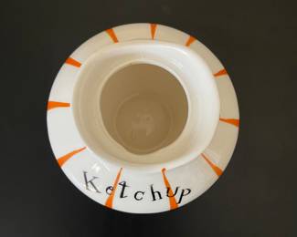 K12 - $45. Vintage Holt Howard pixie ketchup condiment jar. Spoon has been repaired but not very noticeable and blends with the natural crazing. Vibrant colors.