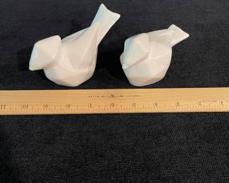 K36 - $15. Pair of white geometric ceramic glazed birds decor. Some crazing. No chips or cracks.