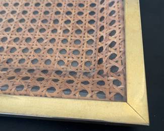 K22 - $50. Mid-Century Rattan & Acrylic Glass Tray with Brass Borders, 1970s. Measjres 9” x 14”.