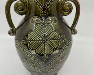 K6 - $50. Vintage olive green pottery vase. Signed Anna Grandina. Measures 6”w x 5”d x 12”t.