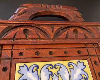 K15 - $20. Vintage hand-carved wooden serving tray with inlaid ceramic tiles.