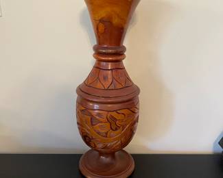 K14 - $20. Vintage Hand turned and carved wooden vase. 17” tall. Some chips and scuffs common with age.