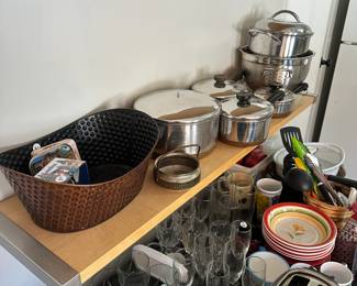 B17 - $40. Kitchen LOT. Toaster, Revereware Pots, Utensils, Bowls & Plates, Glasses, Coffee Mugs, 2 Serving dishes with lids. mixing bowls, pie plate, colandar.