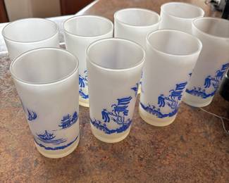 Vintage Hazel Atlas Asian Pagoda Tumblers Frosted white Blue Mid Century Glasses set of 8