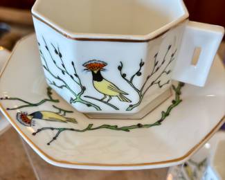 Vintage Art Deco inspired look SP Portugal octagonal demitasse cup and saucer set featuring a royal flycatcher bird and branch pattern,