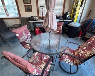 Patio set 4 swivel chairs, glass table 