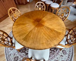 Wood round 60" dining table by Century. 6 chairs (2) arm chairs (4) side chairs Neutral upholstered seats