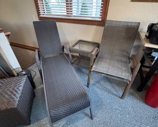 Woven chaise , accent table and stack sling back chairs